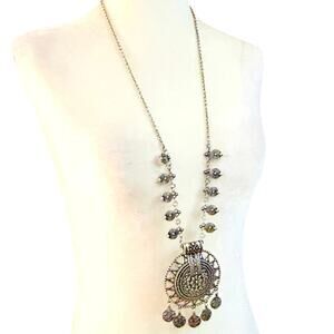 Silver Tone Long Necklace Large Medallion Pendant Necklace Boho Festival